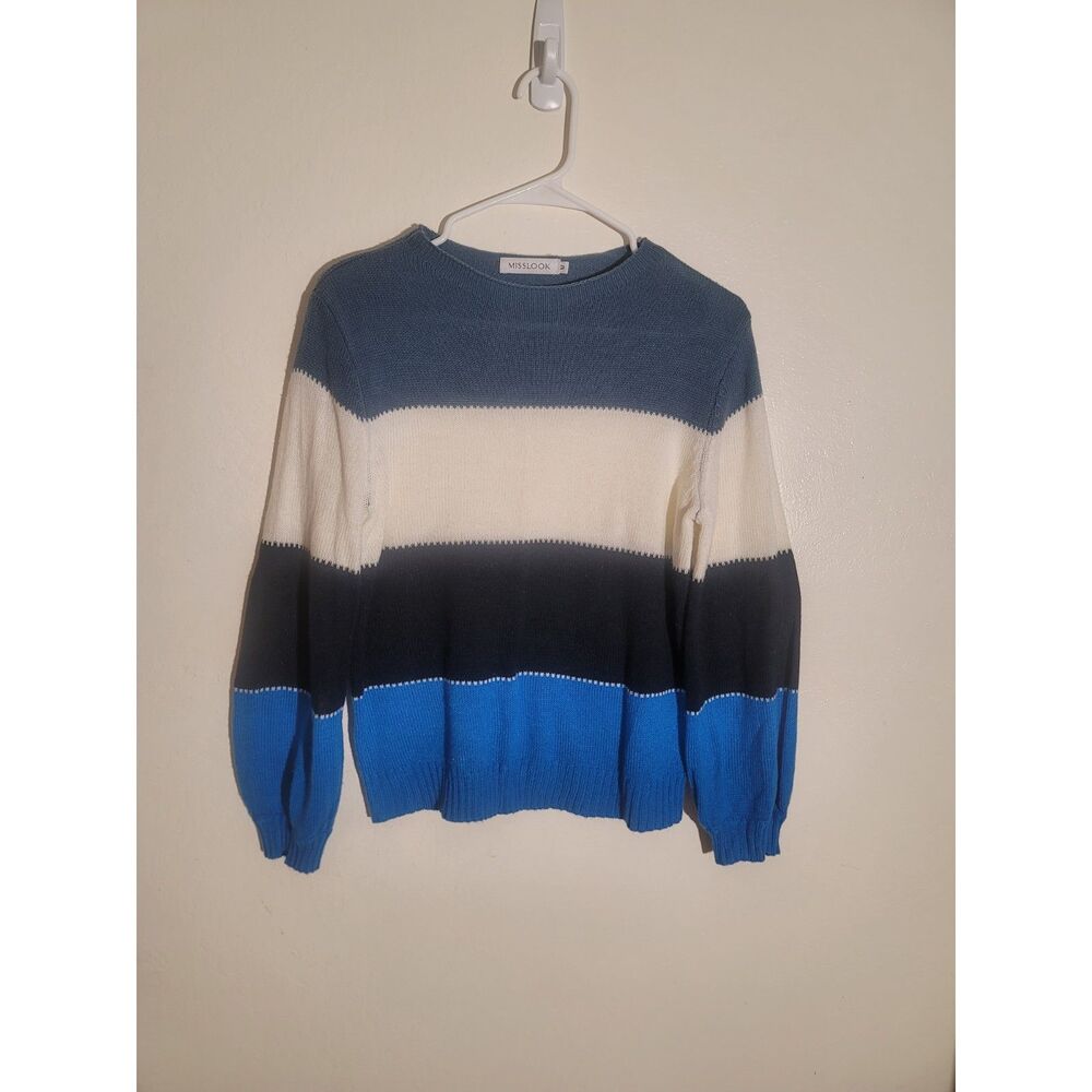 EUC Women's MISSLOOK Colorblock Balloon Sleeve Blue White Cropped Sweater sz M